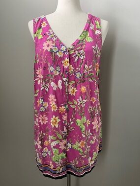 J JILL SLEEVELESS BUTTON DOWN TUNIC BLOUSE V-NECK PINK FLORAL Whimsical- Size L